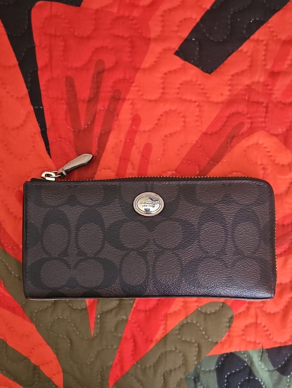 Coach Brown Signature Zip Wallet with Gold Logo